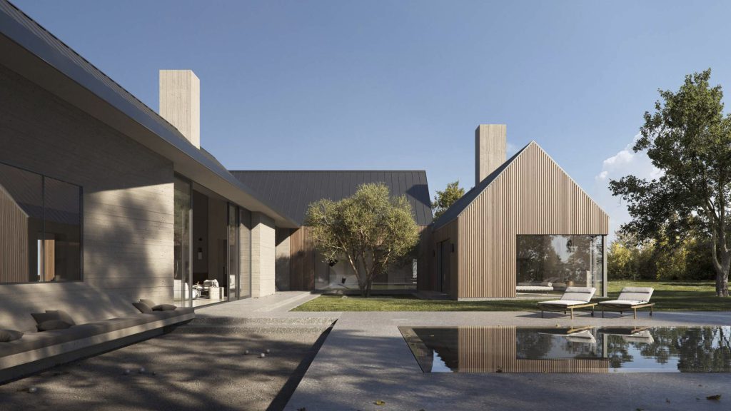 Modern residential house with wood and concrete exterior, outdoor seating, and reflecting pool.
