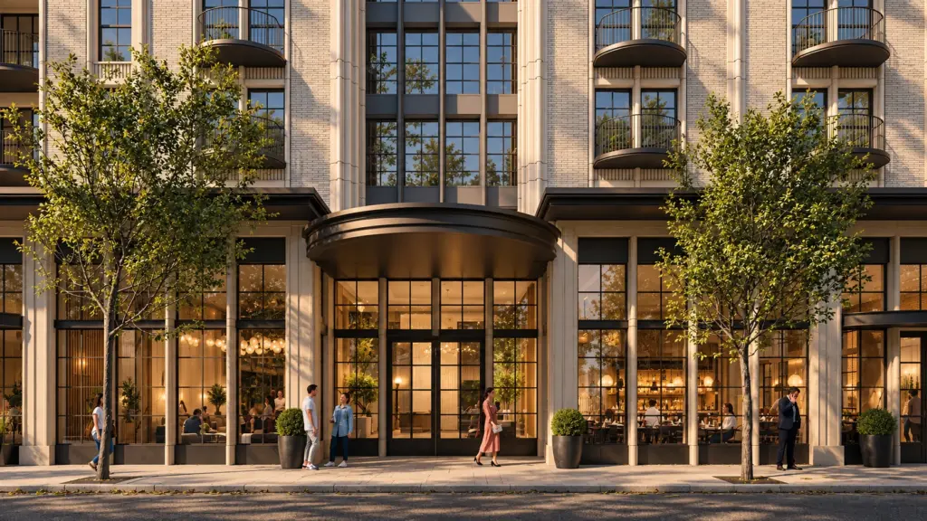 George Street entrance at George & Society in Charleston, with a curved canopy, glass doors, and residential balconies.