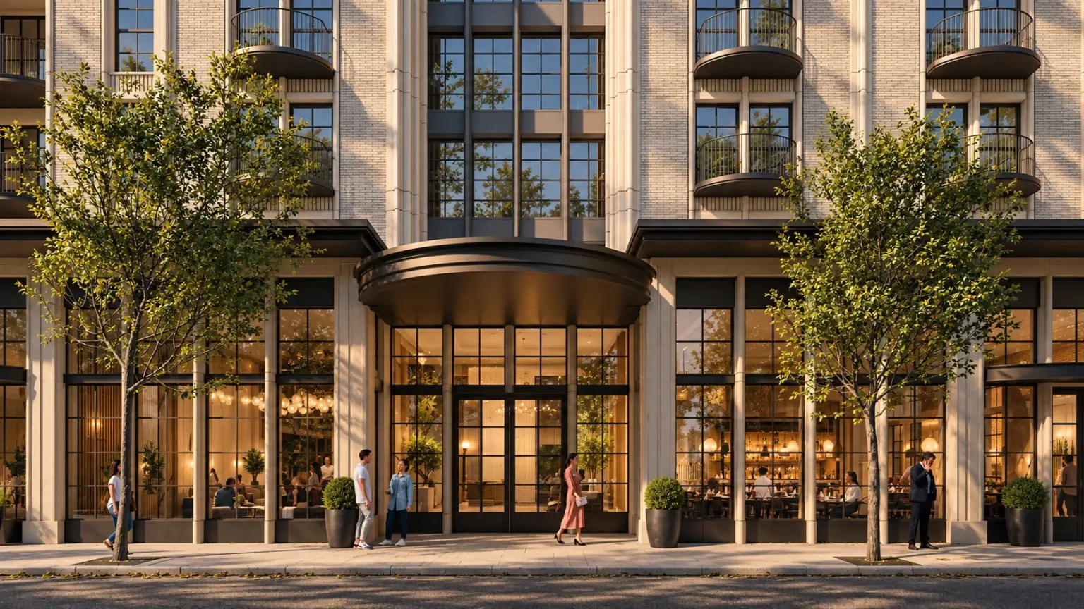 George Street entrance at George & Society in Charleston, with a curved canopy, glass doors, and residential balconies.