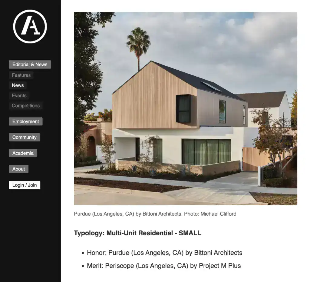 Contemporary multi-unit residential home with a minimalist design, featuring a combination of white stucco and wooden cladding, large glass windows, and a sloped dark roof.