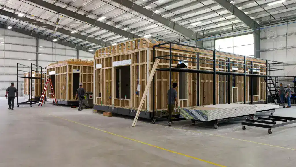 Wooden building framework with steel scaffolding in an industrial warehouse.