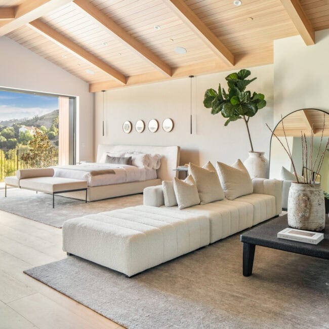 Bright living room with a vaulted wooden ceiling and exposed beams. Large sliding door opens to a scenic outdoor view with natural light. Minimalist decor with neutral tones.