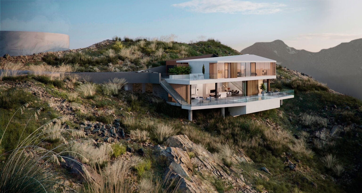 Modern hillside house with large glass windows and expansive terraces, featuring clean lines and natural materials harmonizing with the landscape.