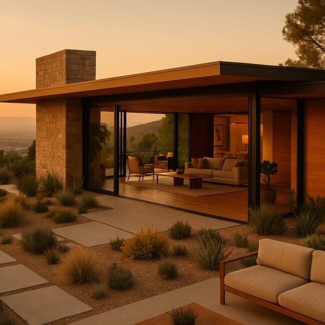 Contemporary modern house with extensive glass walls, flat roof, and natural stone chimney, blending indoor and outdoor spaces.