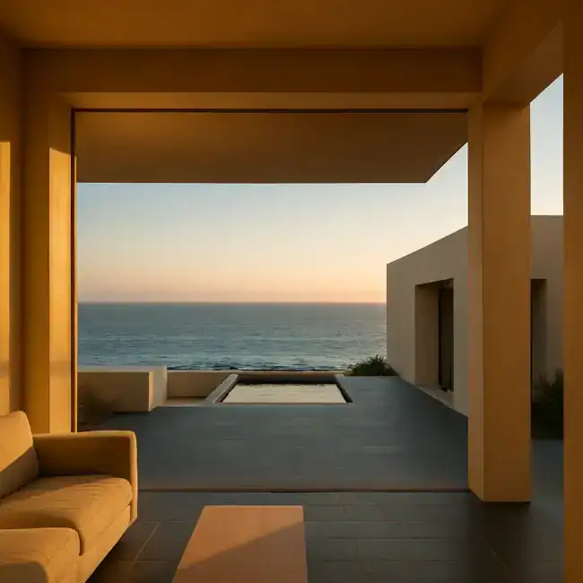 Minimalist modern living room with ocean view, neutral tones, open-air design, and geometric architectural elements.