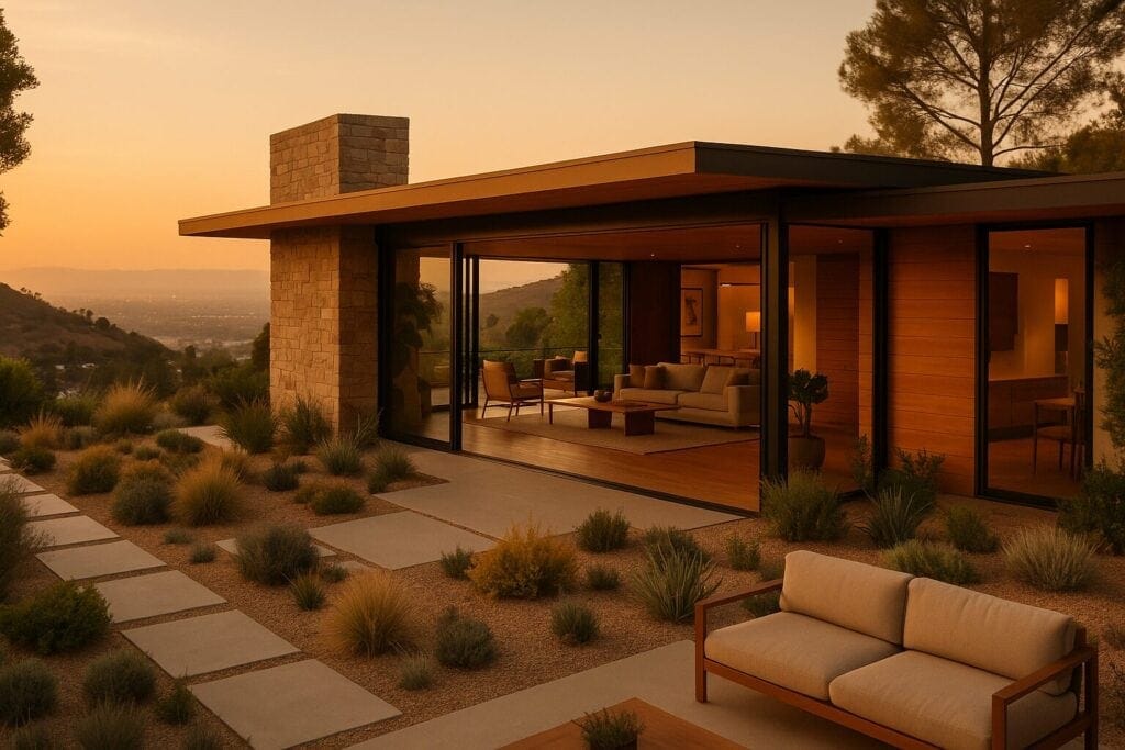 Contemporary single-story home with flat roof, large glass sliding doors, warm wooden interior, and stone chimney.