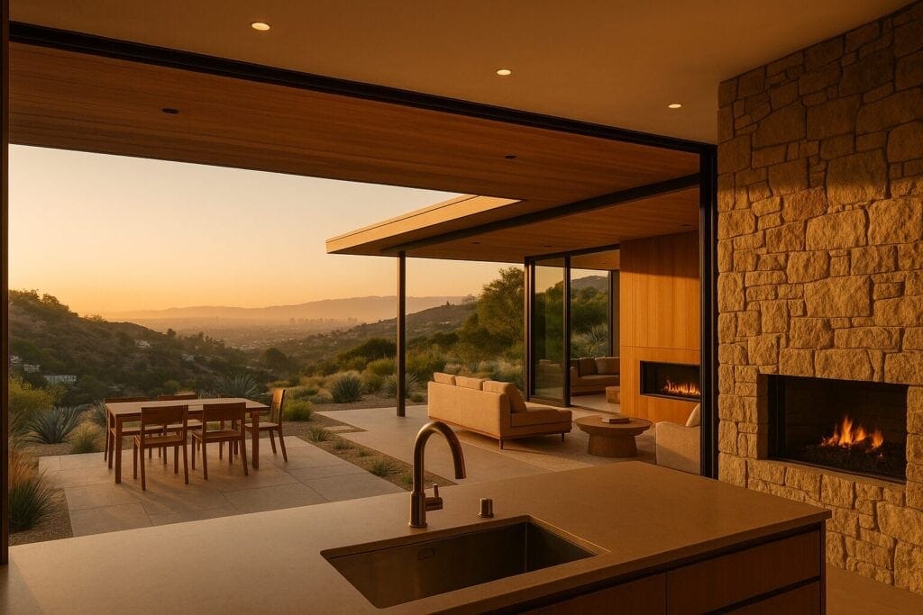 Modern hillside home with open-concept living area, stone fireplace, large glass doors, warm wood accents, and sunset view.
