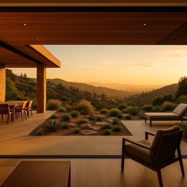 Modern hillside home with open-concept living space, wooden ceiling, stone columns, and expansive view of valley and mountains.