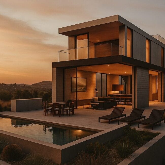 Contemporary modern house with large glass windows, clean lines, and mixed materials including wood and concrete. Pool area with outdoor seating and lounge chairs at sunset.