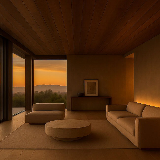 Modern California living room with warm wood ceiling and hillside views — Bittoni Architects.