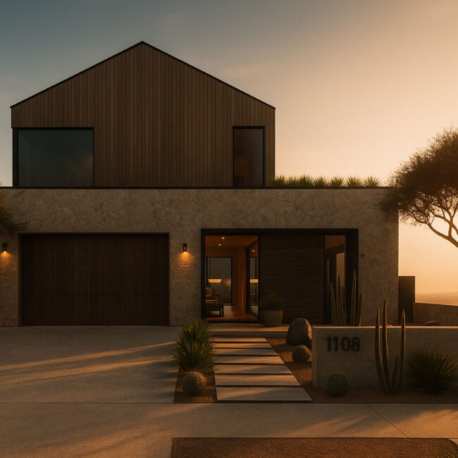 Warm modern Palisades home with vertical wood cladding and stone façade.