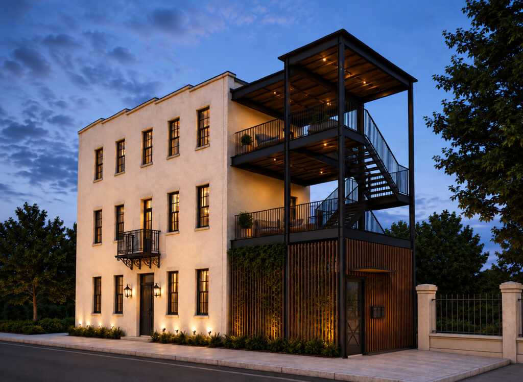 Evening architectural rendering of the historic building and contemporary porch and stair at 252 Meeting Street in Charleston