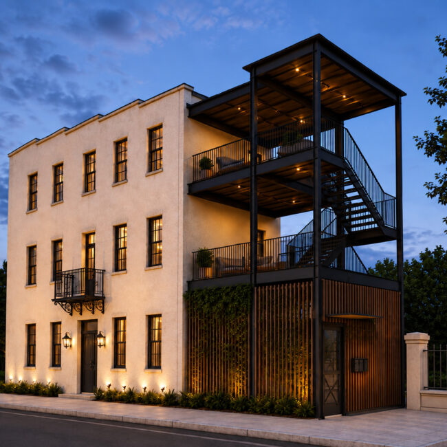 Evening architectural rendering of the historic building and contemporary porch and stair at 252 Meeting Street in Charleston